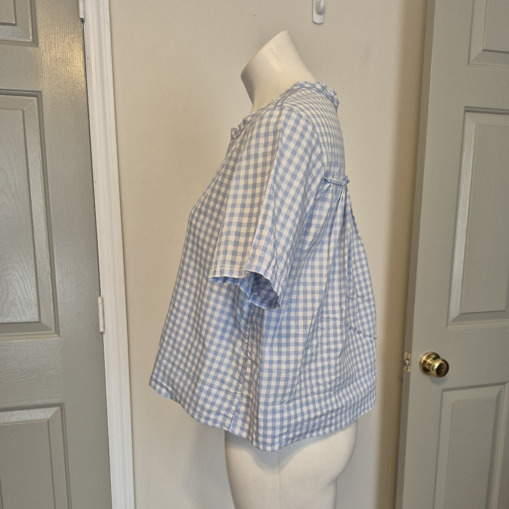 AMO Sienna Blue Classic Gingham Cotton Boxy Fit Cropped Top(XS) - Picture 3 of 8